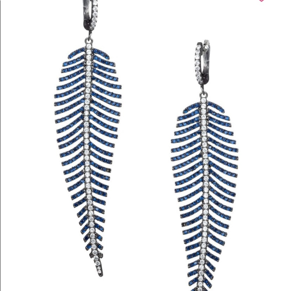 NIB Blue Crystal Feather Drop Earrings
